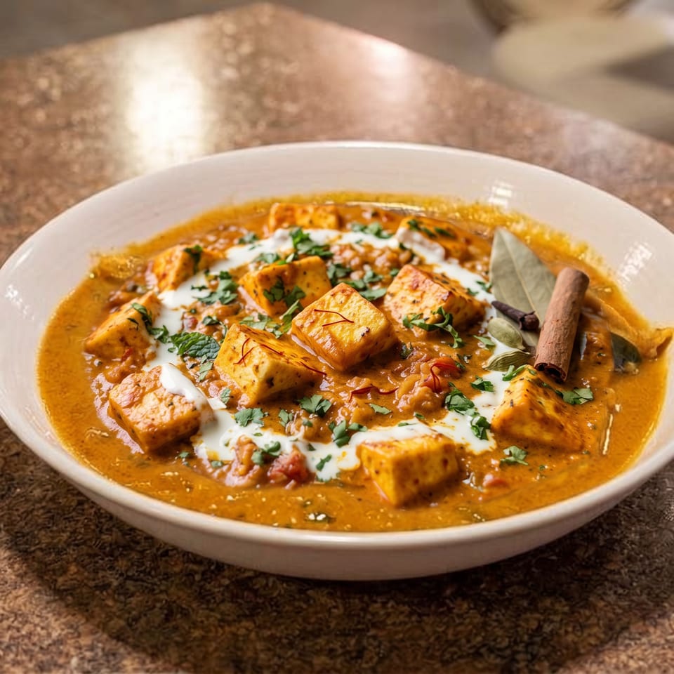 Paneer curry topped with cream and herbs in a white bowl.