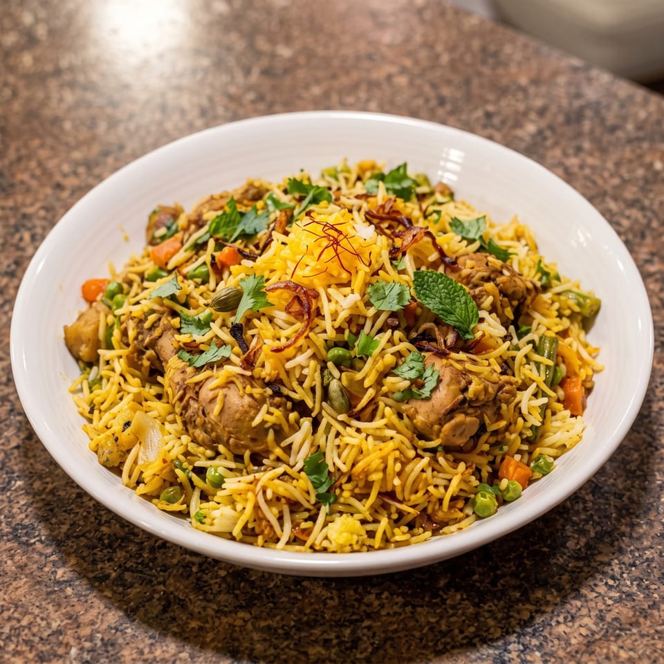 Rice with chicken, vegetables, fried onions, and fresh herbs.