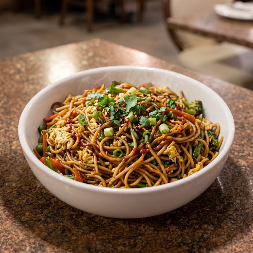 Stir-fried noodles with vegetables, egg, and sliced scallions.