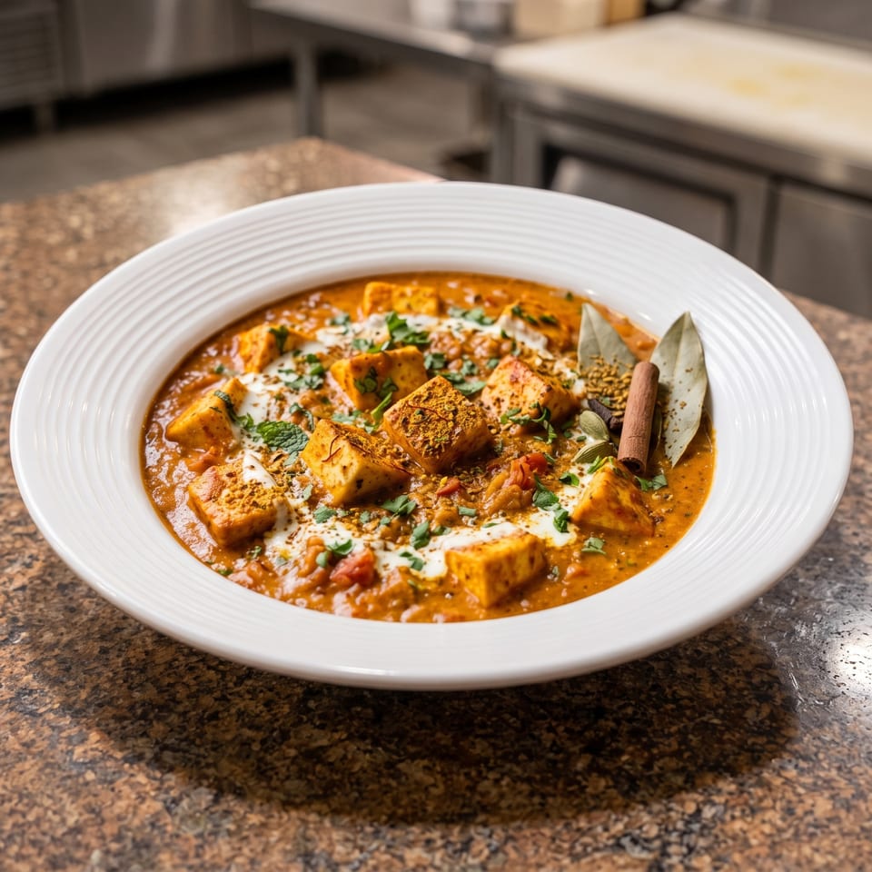 Paneer in orange curry with cream, herbs, and whole spices.