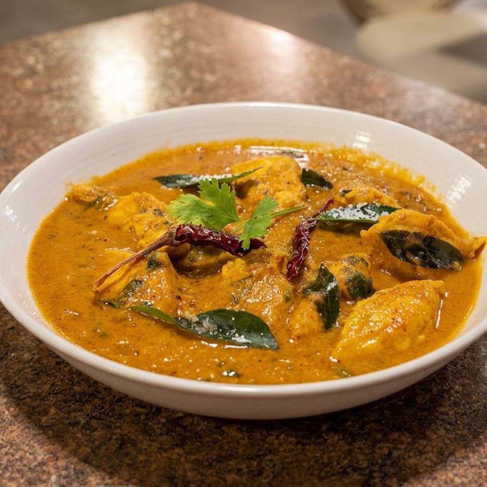 Bowl of rich orange curry garnished with cilantro, curry leaves, and dried red chilies on a granite countertop.