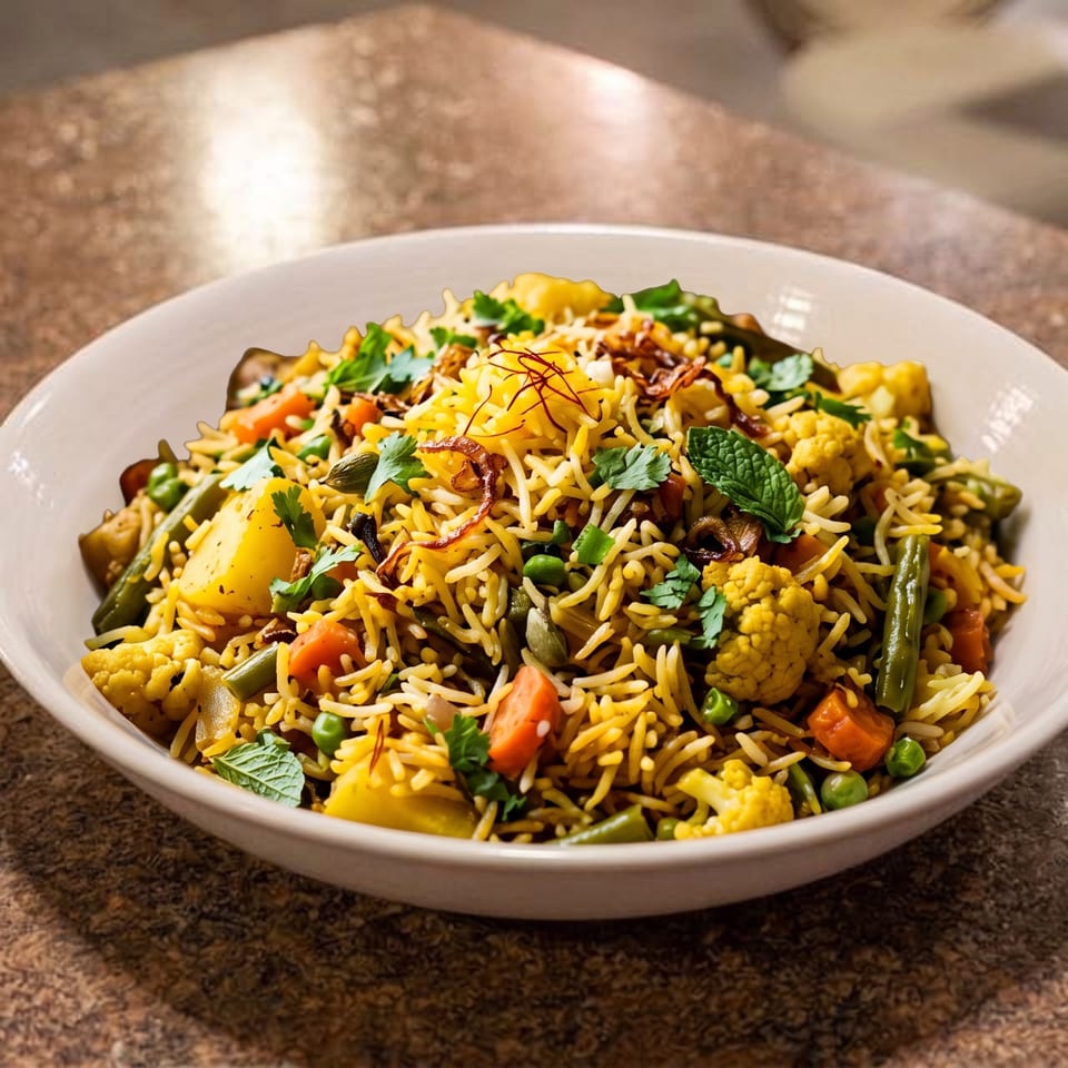 Vegetable rice with cauliflower, carrots, peas, and fresh herbs.